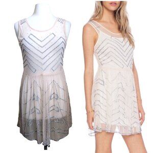 Free People Embellished Mesh Mini Slip Dress Size‎ Small Sequin Party Sheer Pink